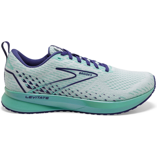 Women's Brooks Levitate 5, White/Navy Blue/Yucca, 9.5 B Medium