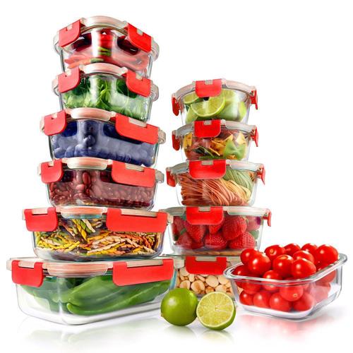 24-Piece Glass Food Storage Containers - Stackable Superior Glass Meal-prep Containers w/ Newly Innovated Hinged BPA-Free 100% Leakproof Locking Lids - Freezer-to-Oven-Safe - NutriChef NCGLRED.5 (Red)